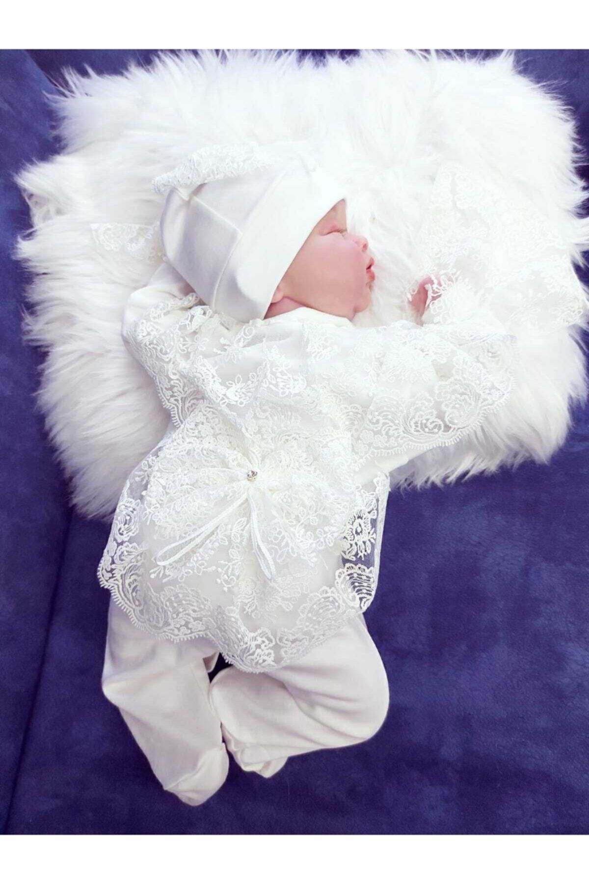 Şeker Tadında Tasarımlar Kız Bebek Ekru Fransız Güpür Detaylı Tulum Seti,Mevlit Takımı fotoğrafı 4 (önizleme)