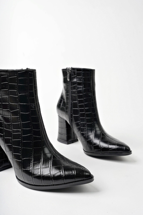 MARSHETTA Legend Model Siyah Kroko Sivri Burun Kalın Topuklu Yandan Fermuarlı...