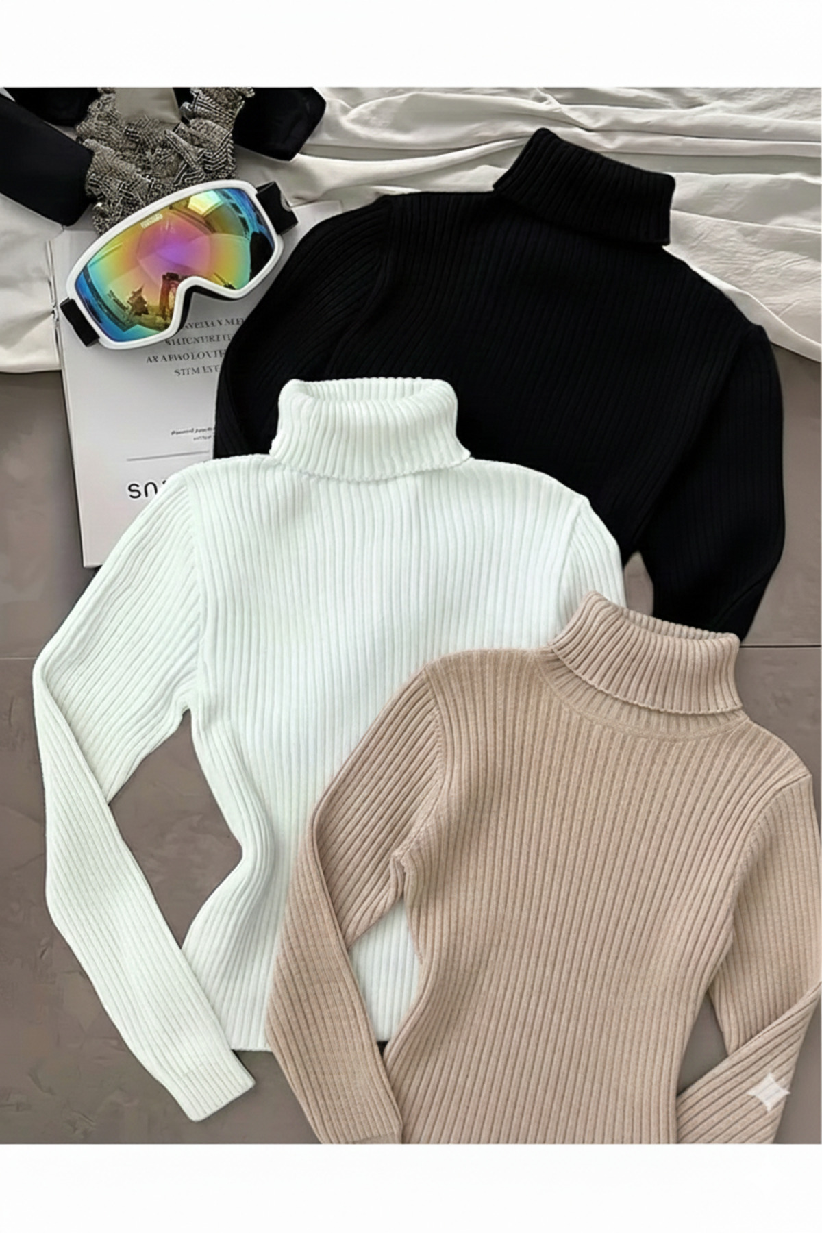 Buteks Bej Pamuk Dokulu Balıkçı Yaka Slim Fit Unisex Günlük Uzun Boğazlı Kazak | 3'lü Set