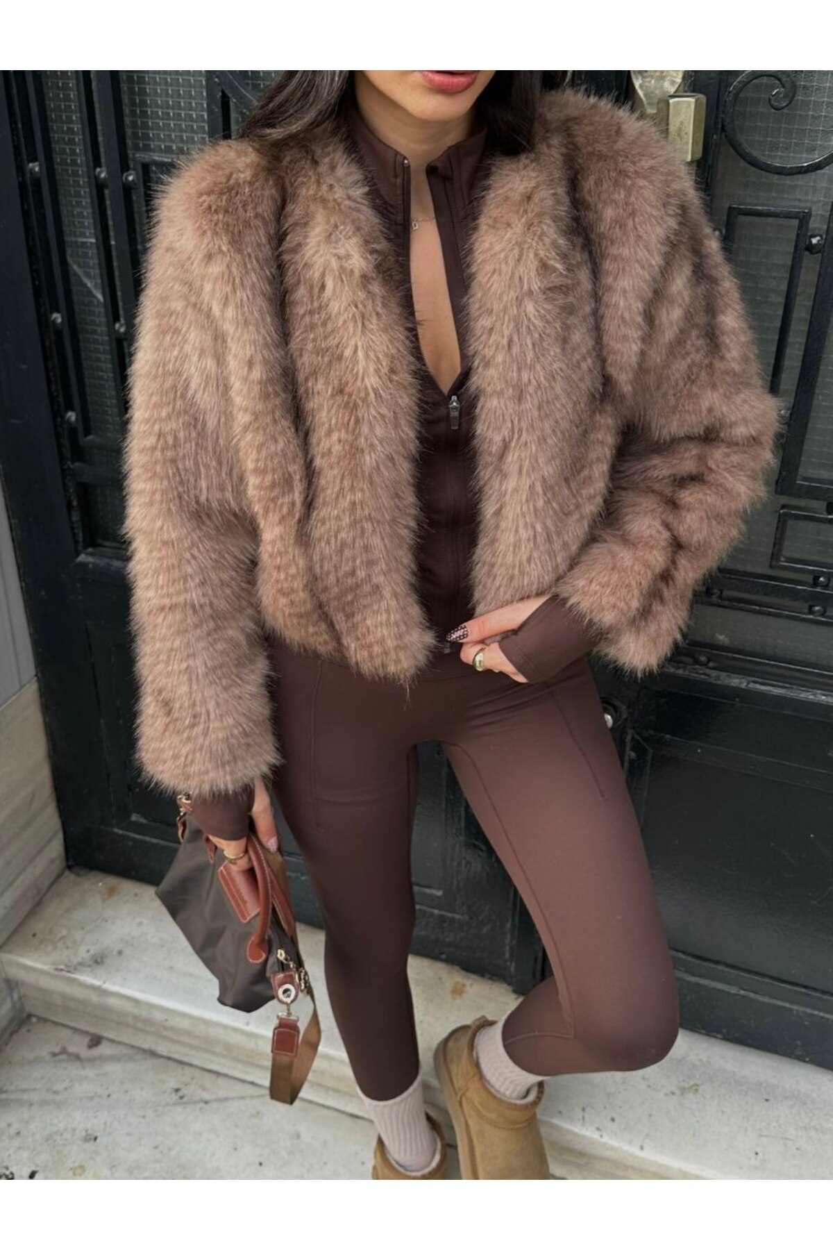 franky B  Kadın Premium Astarlı Açık Kahve Suni Kürk Mont - Görsel 7