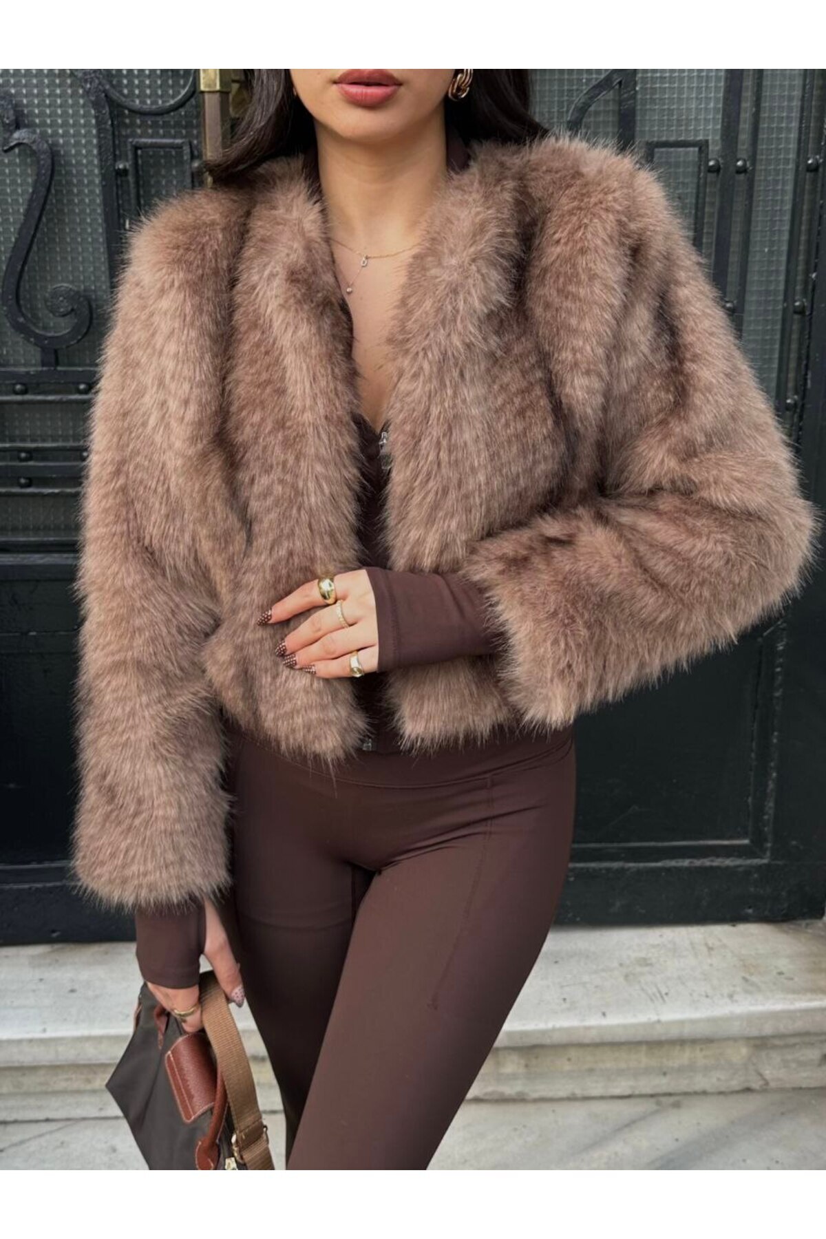 franky B  Kadın Premium Astarlı Açık Kahve Suni Kürk Mont - Görsel 4