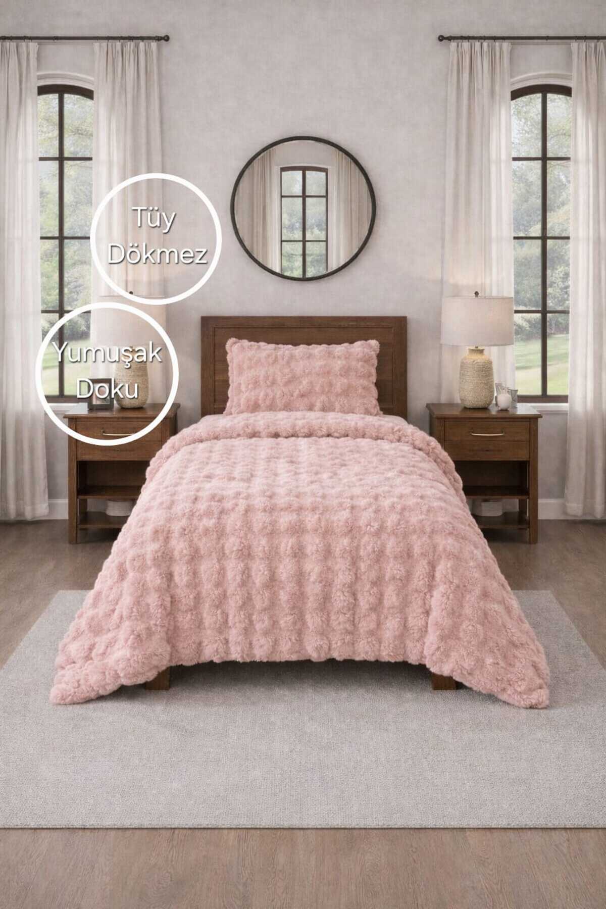 PEREN HOME Premium Tavşan Tüyü Peluş Tek Kişilik Yatak Örtüsü Seti Kalın Dokulu 160x220cm + Yastık Kılıfı Pembe