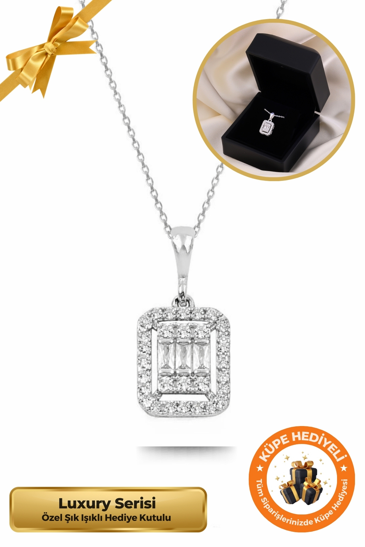 Lucente Jewellery Işıklı Hediye Kutulu Baget Taşlı 925 Ayar Gümüş Kaplama Tek Taş Pırlanta Modeli Yılbaşı Kadın Kolye