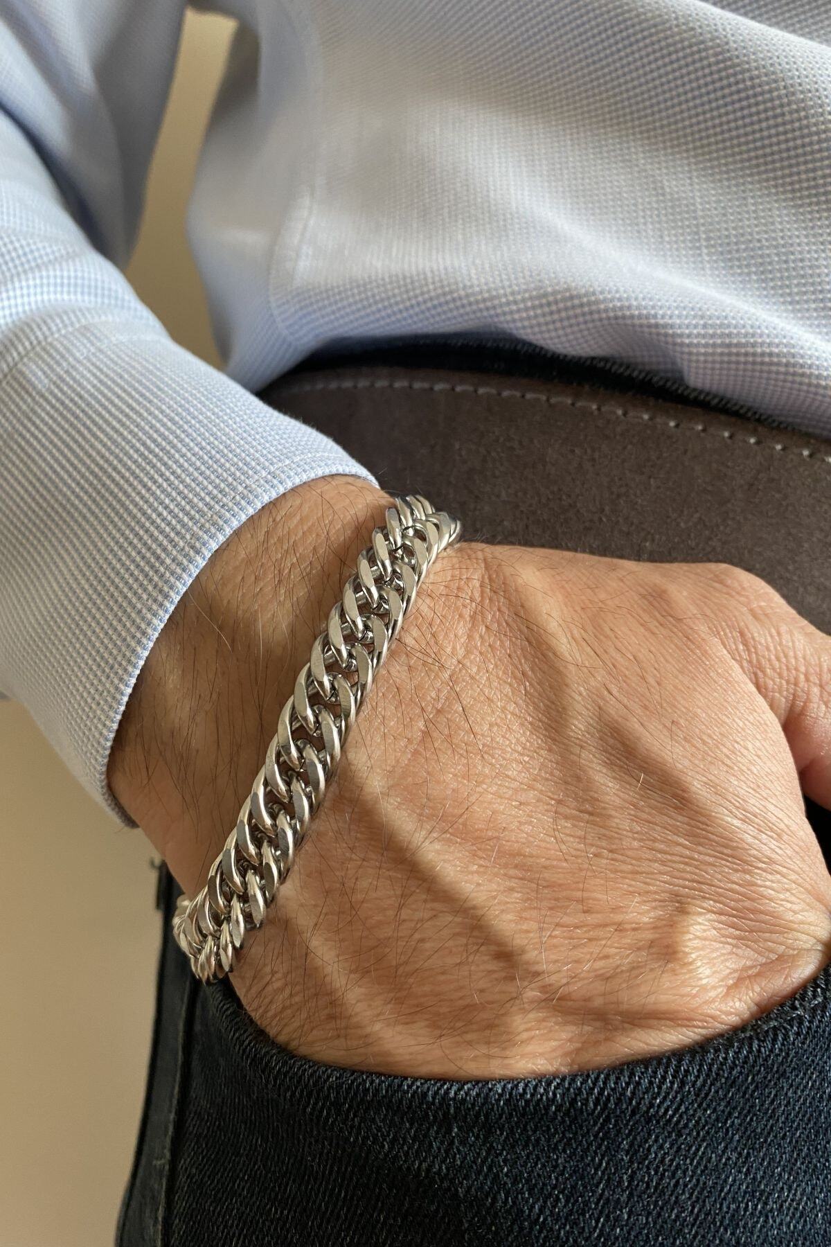 axexuar Paslanmaz Çelik Erkek Kalın Örme Model Zincir Bileklik Parlak Gümüş Gri 21 Cm görsel 2