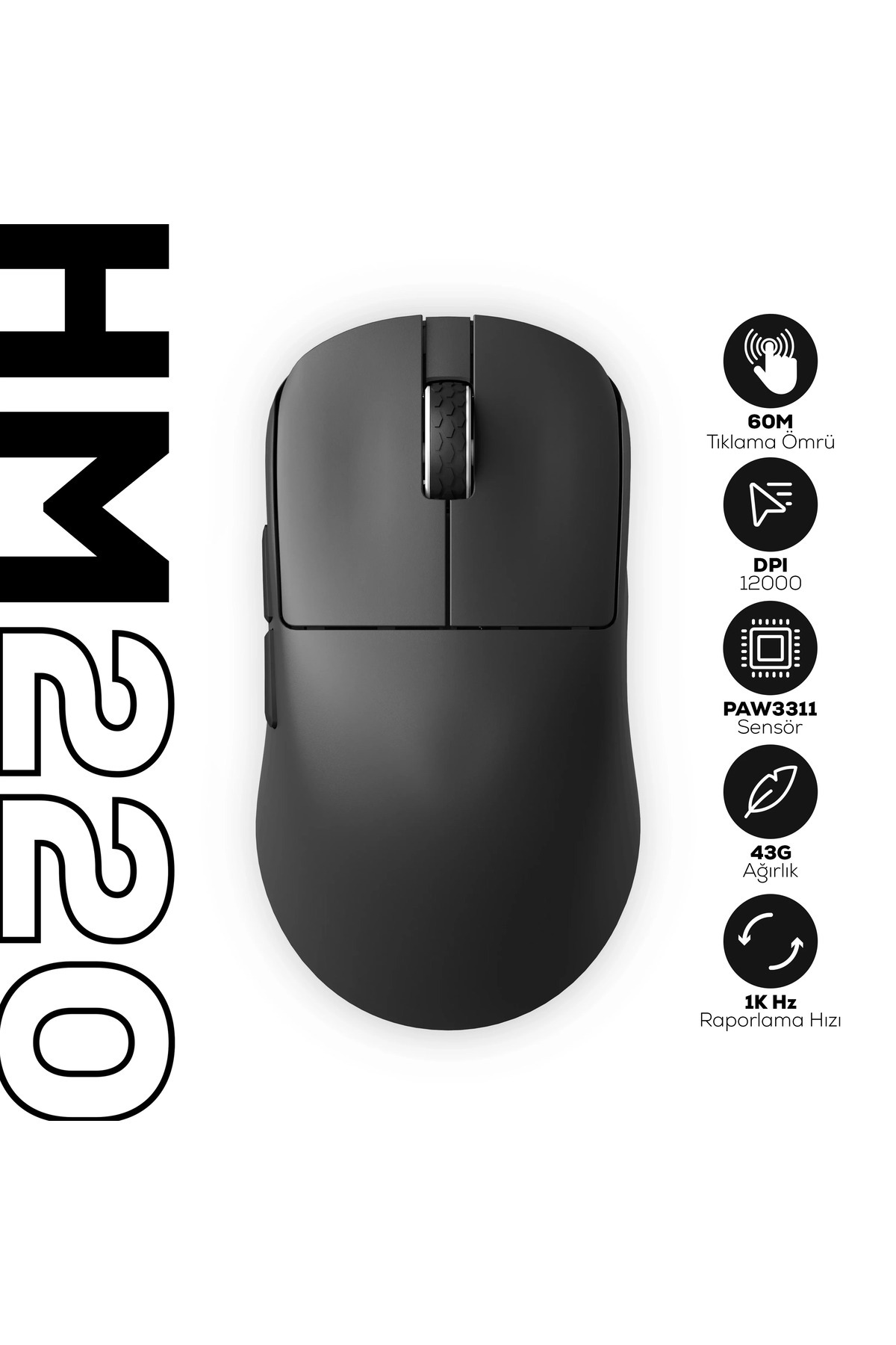 Hawk Gaming Chair HM220 1K Hz 12000 DPI Tri-Mode Kablosuz/Bluetooth Siyah Gaming Oyuncu Mouse