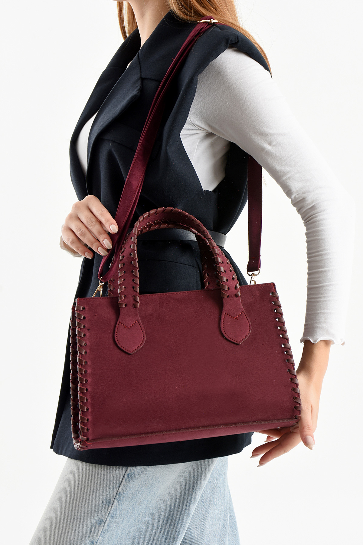 DİAZ MODEL BURGUNDY SUEDE KNIT PATTERNED WOMEN 'S HAND AND SHOULDER BAG
