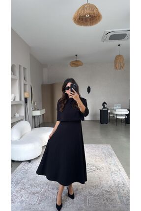 Ales Moda Uzun Kol Crop Bluzlu Elbise Takım