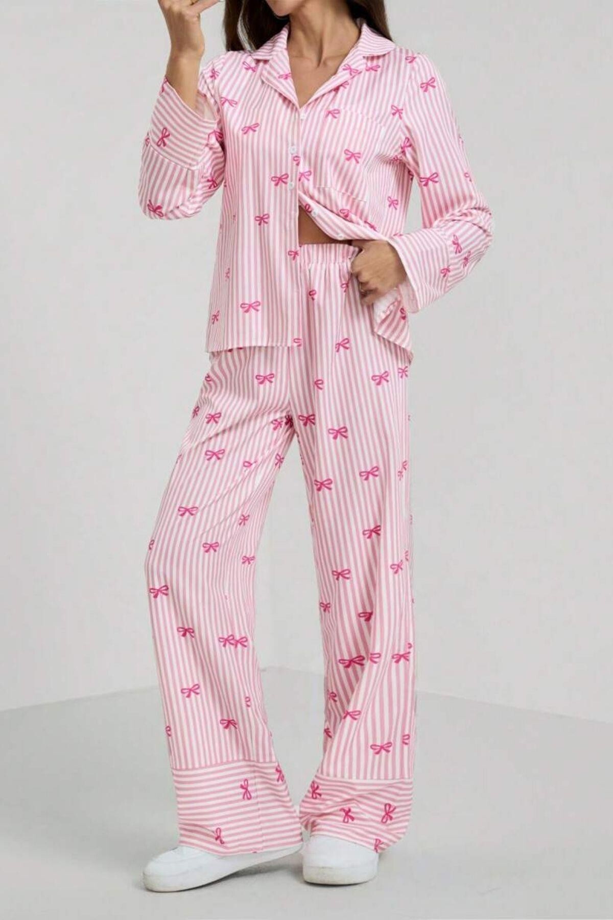 BELLA NOTTE  Pembe Fiyonk Baskılı Çizgili Pijama Takımı - Görsel 3