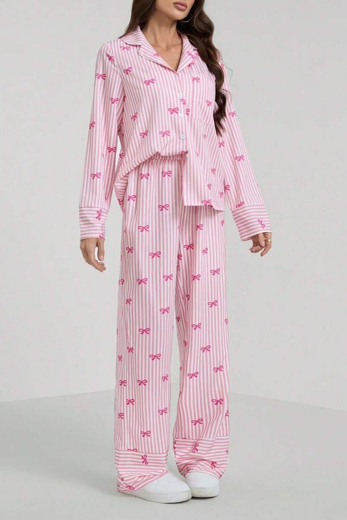 BELLA NOTTE  Pembe Fiyonk Baskılı Çizgili Pijama Takımı - Görsel 2