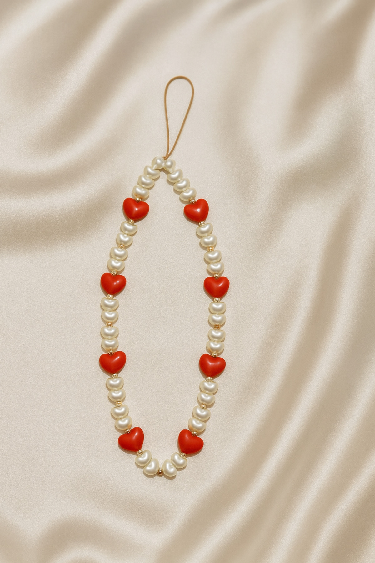Pearl Gold Bead Detailed Red Heart Phone Accessory Phone Rope Bag Rope