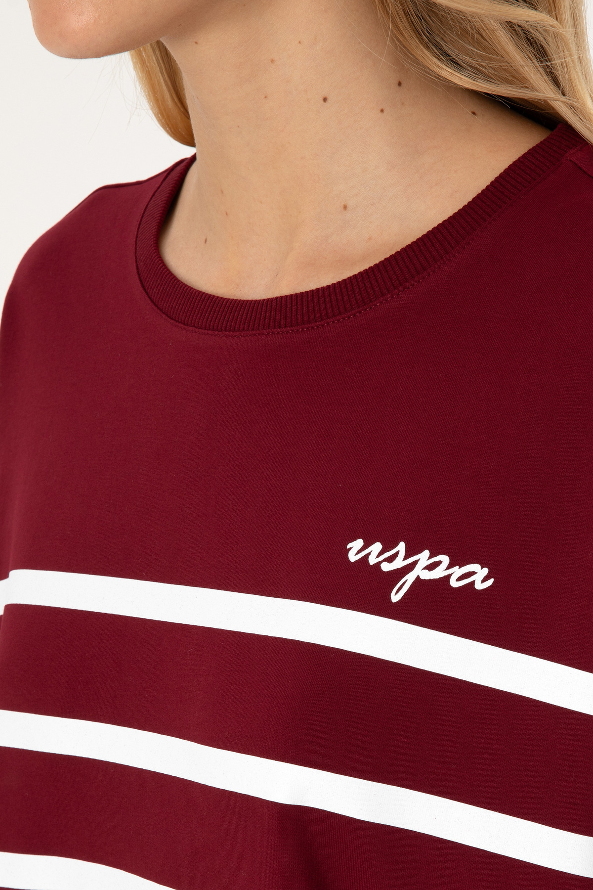 U.S. Polo Assn.  Kadın Bordo Çizgili Bisiklet Yaka Sweatshirt 50313572-VR014 - Görsel 7