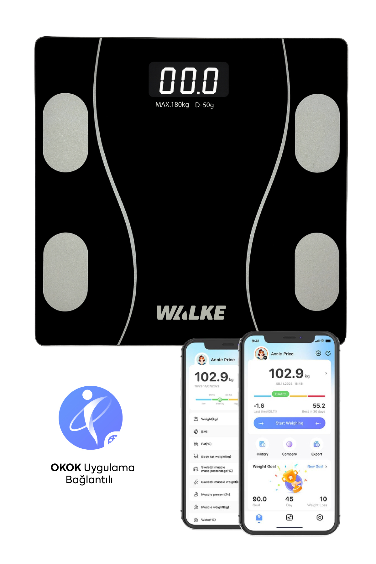 Premium Series Digital Scale Fat Water Muscle Body Mass Index Weight Meter Scale 30 * 30 Cm Black