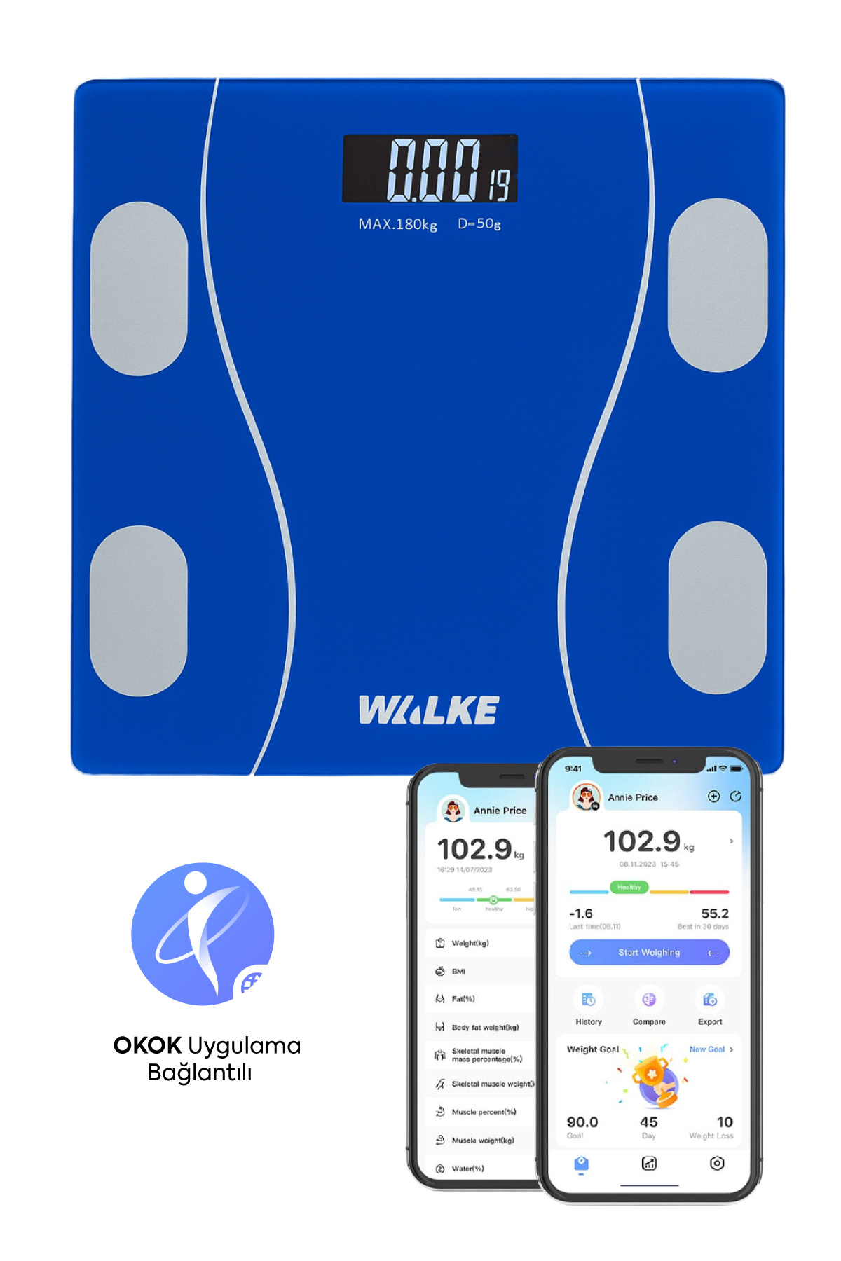 Premium Series Digital Scale Fat Water Muscle Body Mass Index Weight Meter Scale 30 * 30 Cm Blue