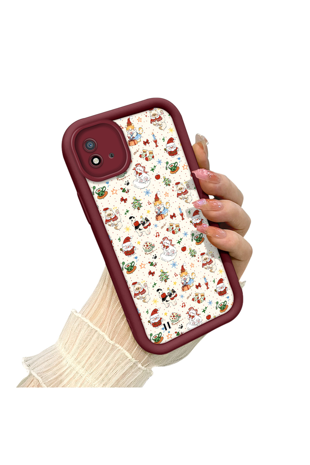 Realme C11 2021 Compatible Christmas Pattern Claret Red Silicone Anti Fall Pouch
