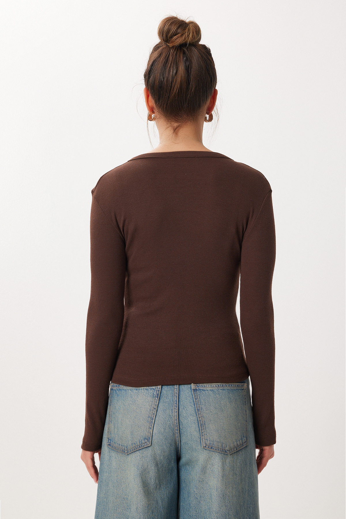 Lovelyİstanbul  Düğmeli Basic Fitili Örme Hırka LRN0001 KAHVERENGİ - Görsel 4