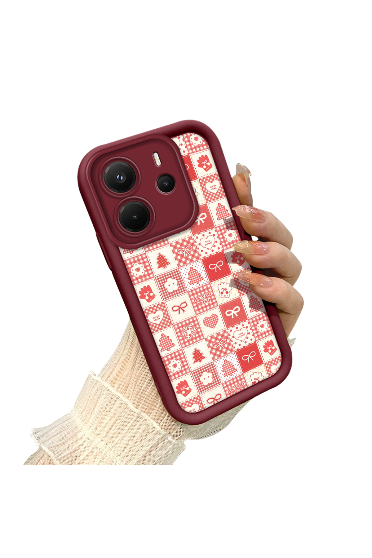 Xiaomi Redmi Note 14 4G Compatible Christmas Patterned Burgundy Silicone Anti-Drop Case