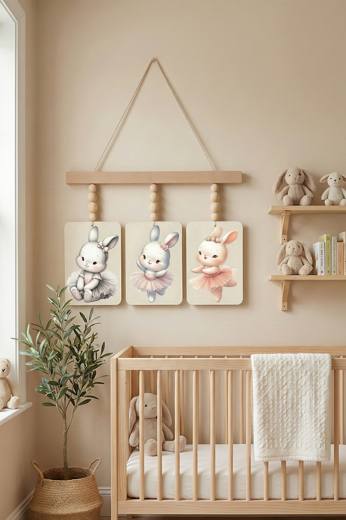 Balerin Tavşan Konseptli Doğal Ahşap Boncuklu Bebek ve Çocuk Odası Duvar Süsü
