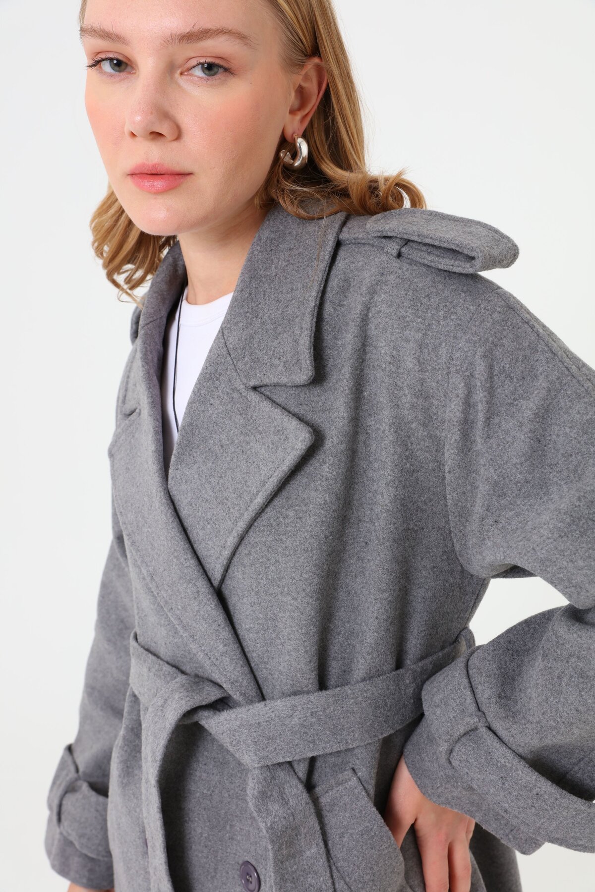 Refka  Apolet Detaylı Klasik Kaban - Gri - - Görsel 3