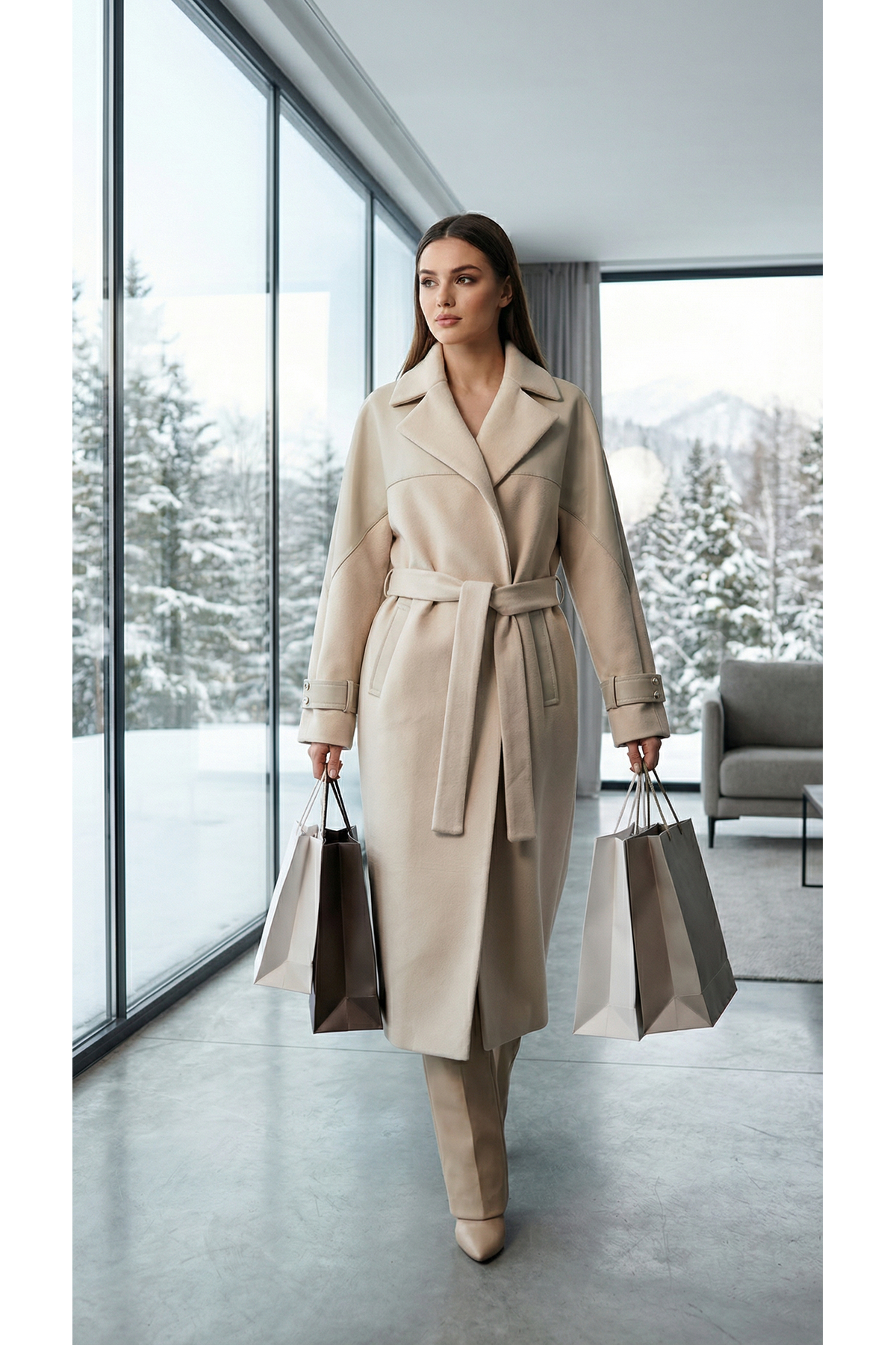 Doggy  Kadın Klasik Kuşaklı Kaşe Palto - Bej Uzun Kesim Şık Model - Görsel 5