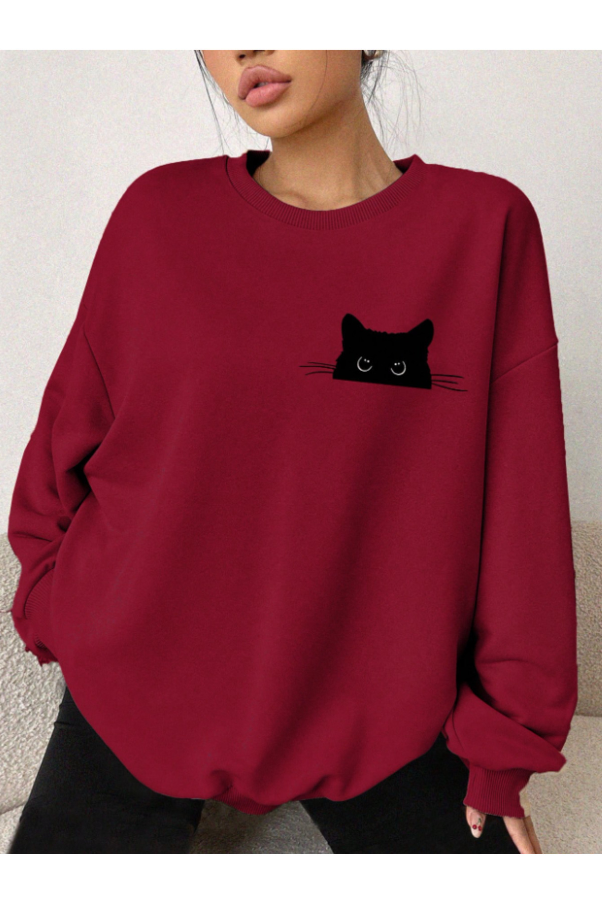 Revasser  Kadın KEDİ Detaylı Özel Baskılı Renkli Oversize Bisiklet Yaka Pamuklu Sweatshirt - Görsel 4