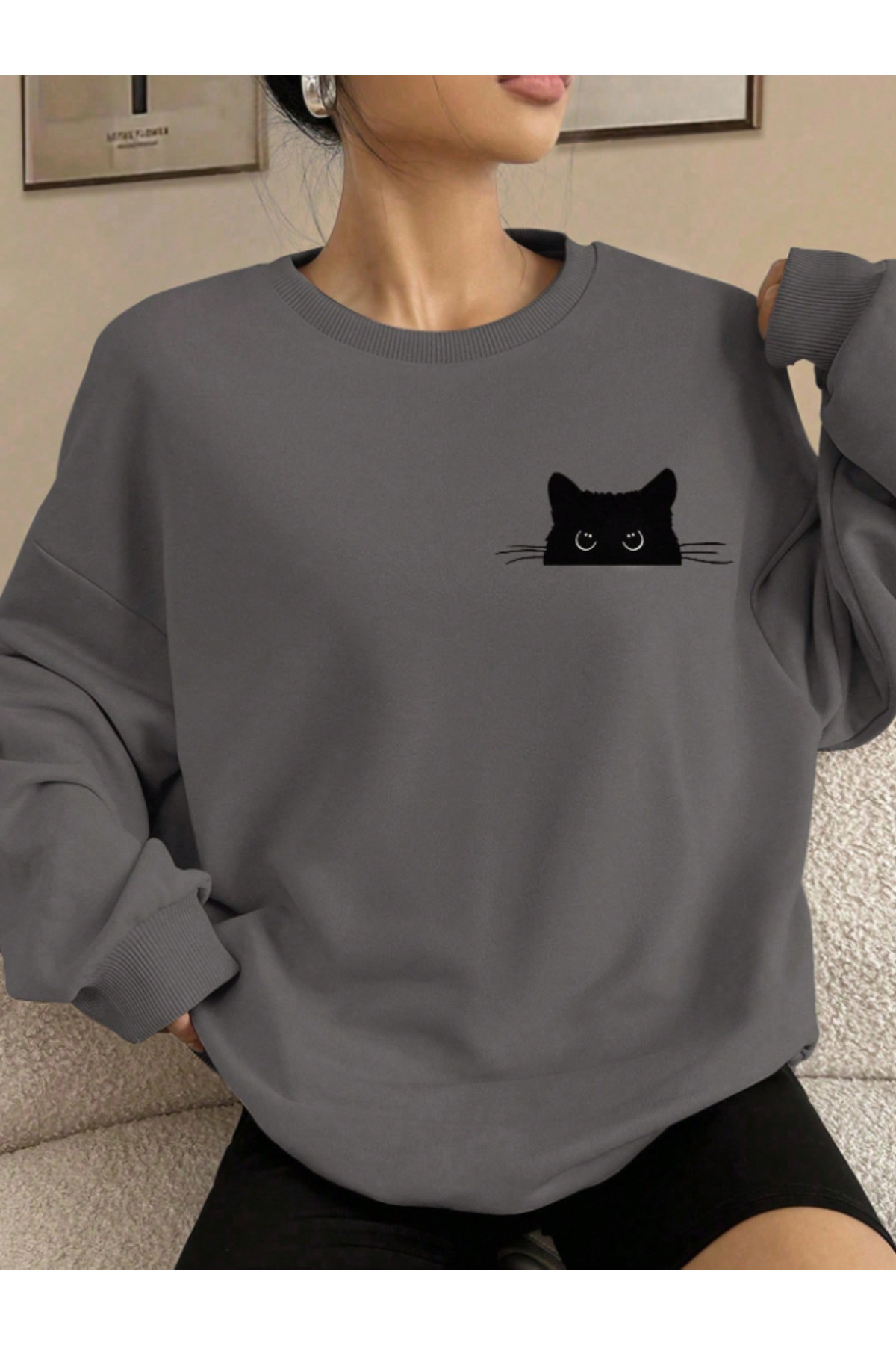 Revasser  Kadın KEDİ Detaylı Özel Baskılı Renkli Oversize Bisiklet Yaka Pamuklu Sweatshirt