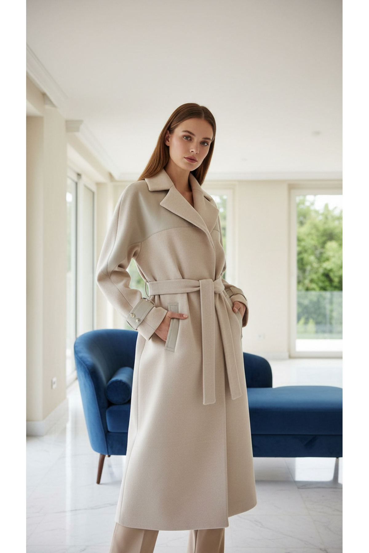 Doggy  Kadın Klasik Kuşaklı Kaşe Palto - Bej Uzun Kesim Şık Model - Görsel 8