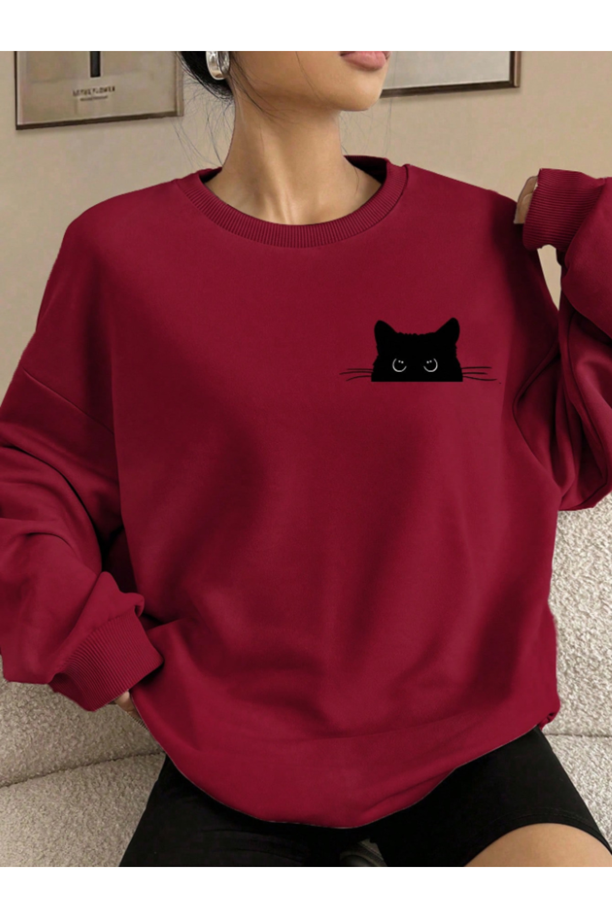 Revasser  Kadın KEDİ Detaylı Özel Baskılı Renkli Oversize Bisiklet Yaka Pamuklu Sweatshirt