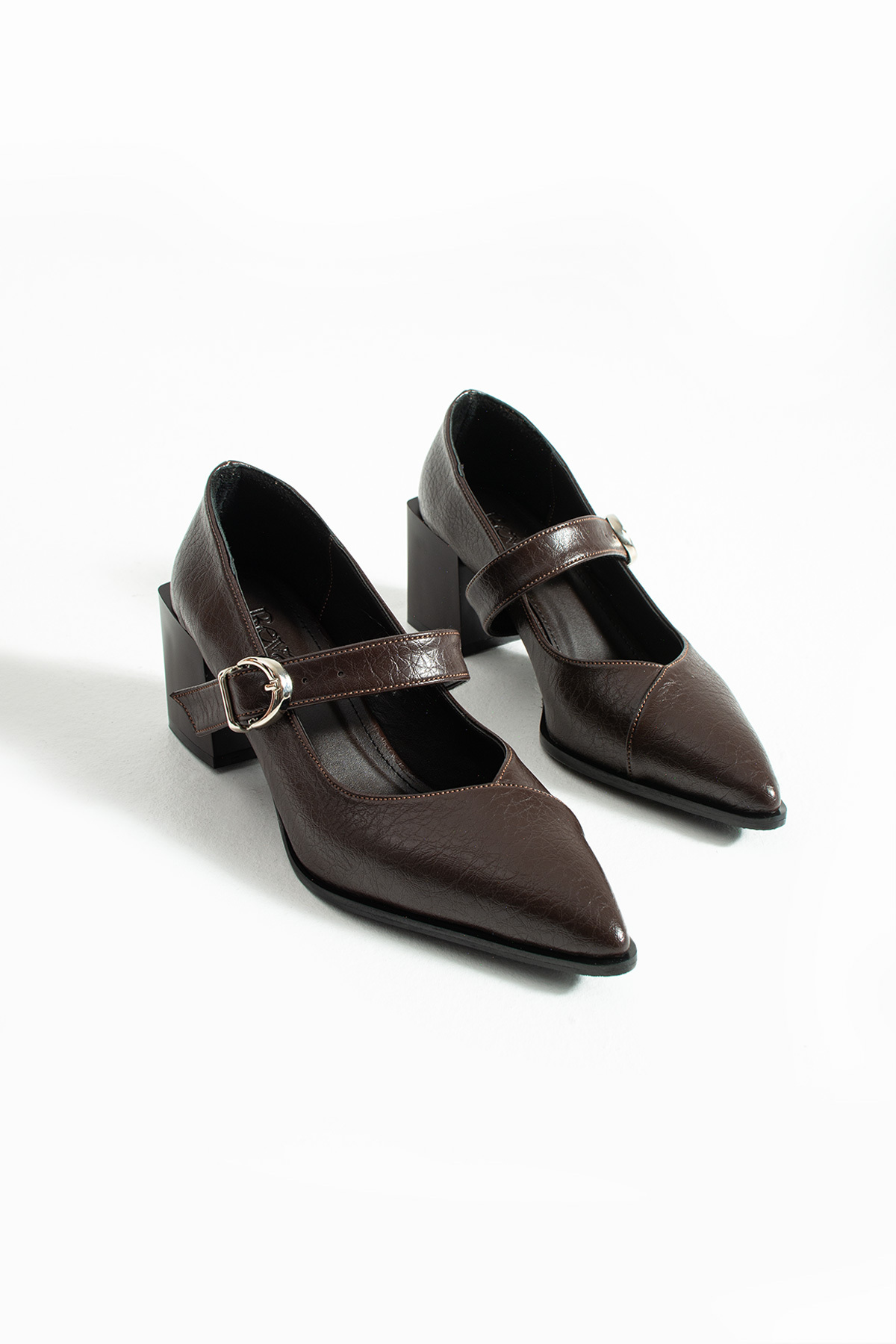 RevanStep  Kadın Sivri Burun Topuklu Ayakkabı - Hakiki Deri İç Taban Mary Jane Kalın Topuk