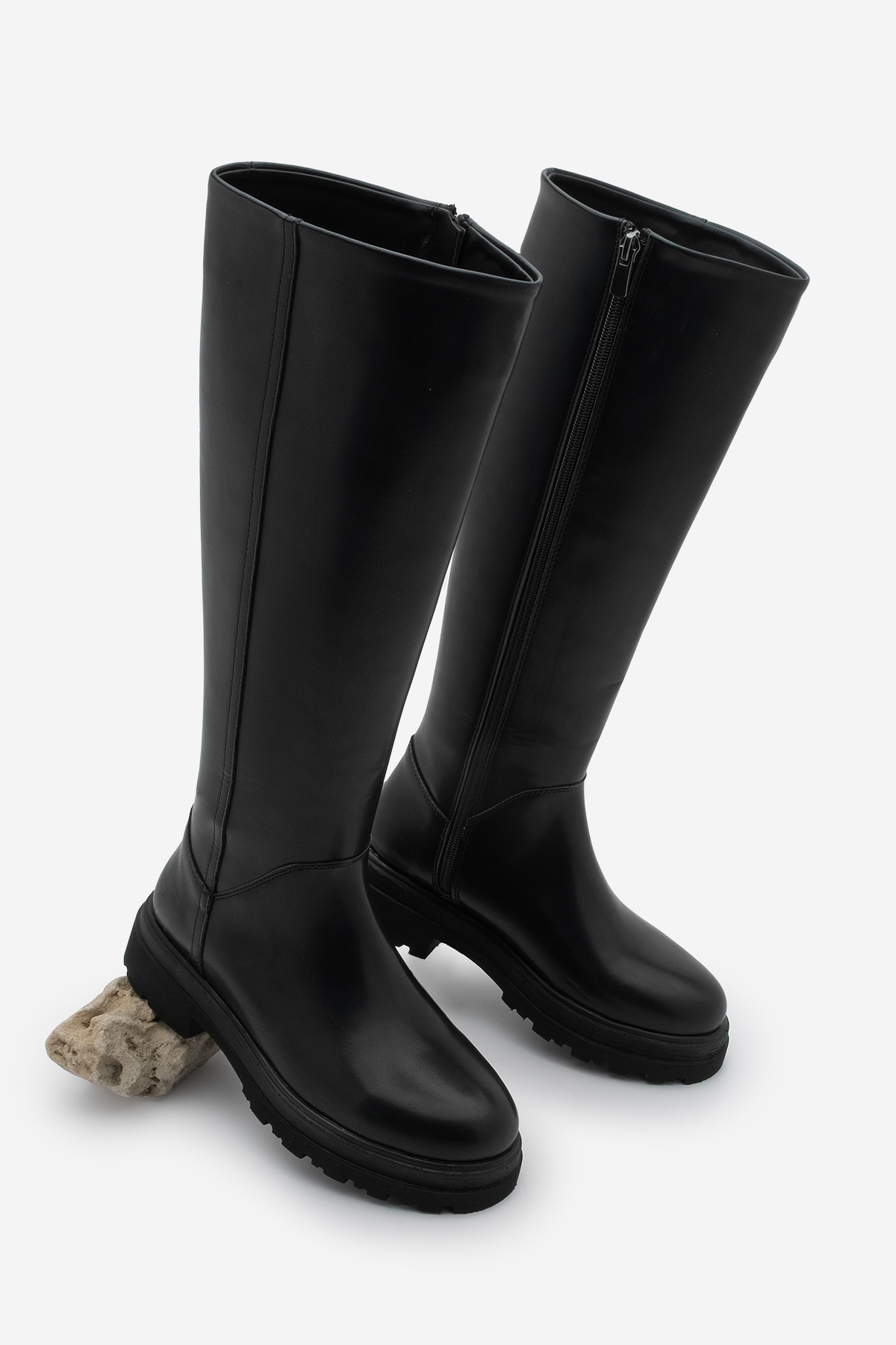 Marjin Kadın Kalın Taban Fermuarlı Günlük Çizme Boren Siyah