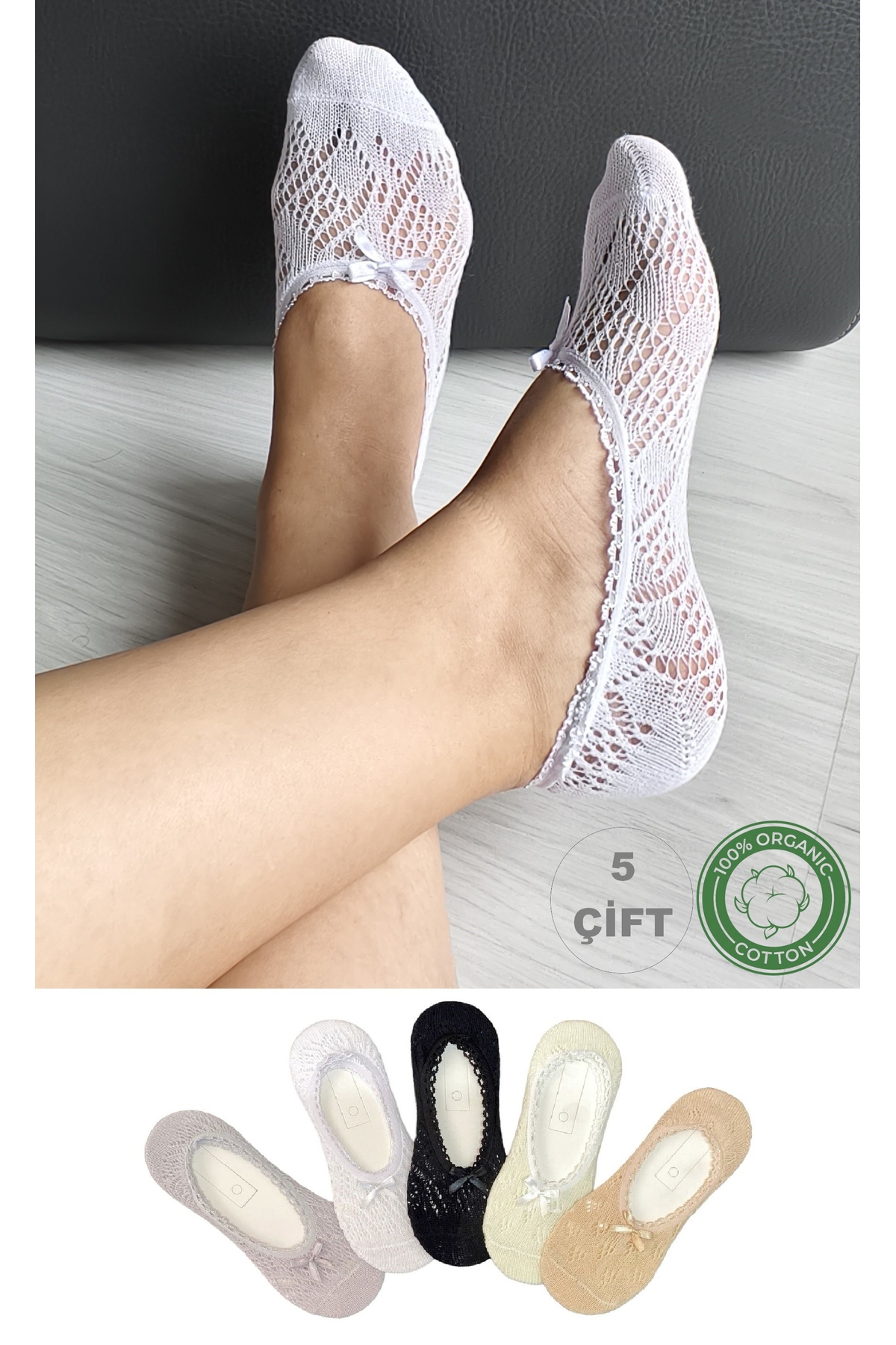 5 Pairs Women's Lace Bowknot Flats Socks Set – 100% Organic Cotton, Non-Slip Heels