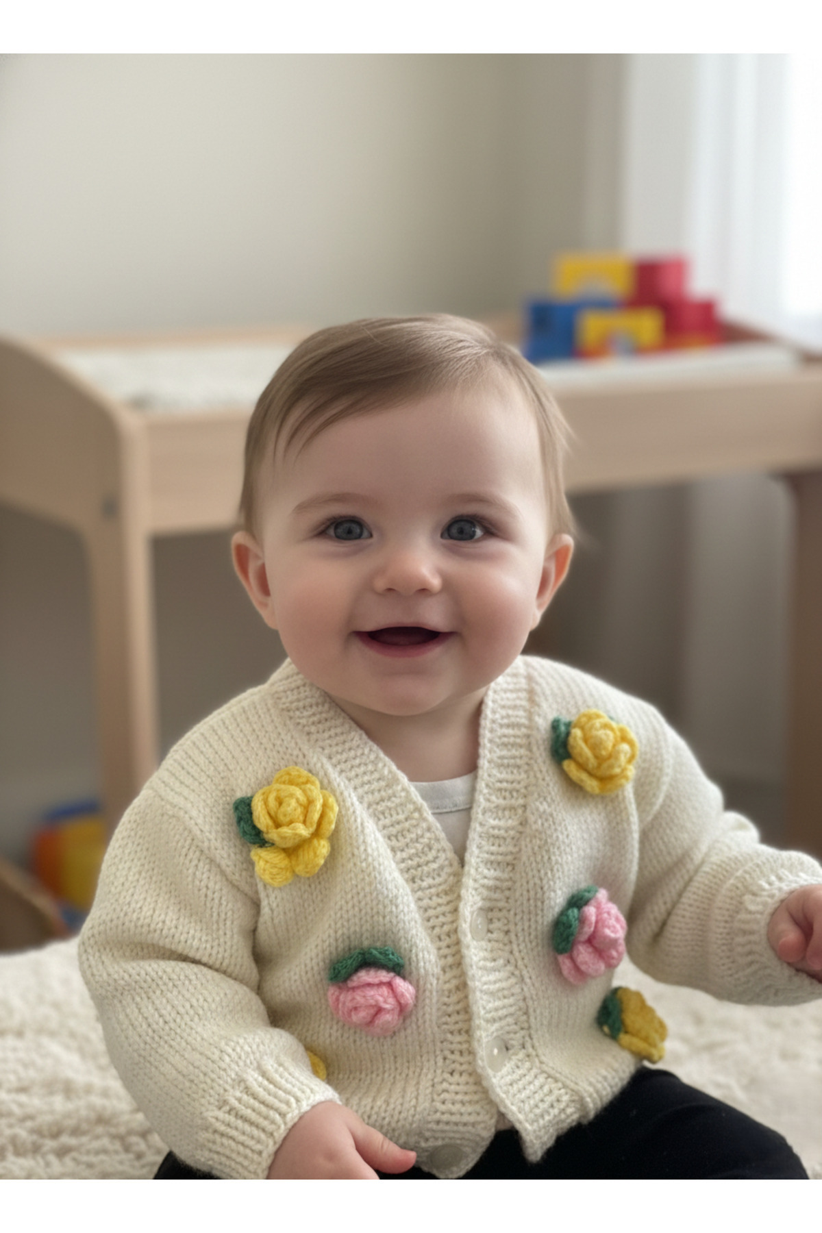 MİNYORA Çiçek Desenli El Örgüsü Bebek Hırkası – Yumuşak Triko