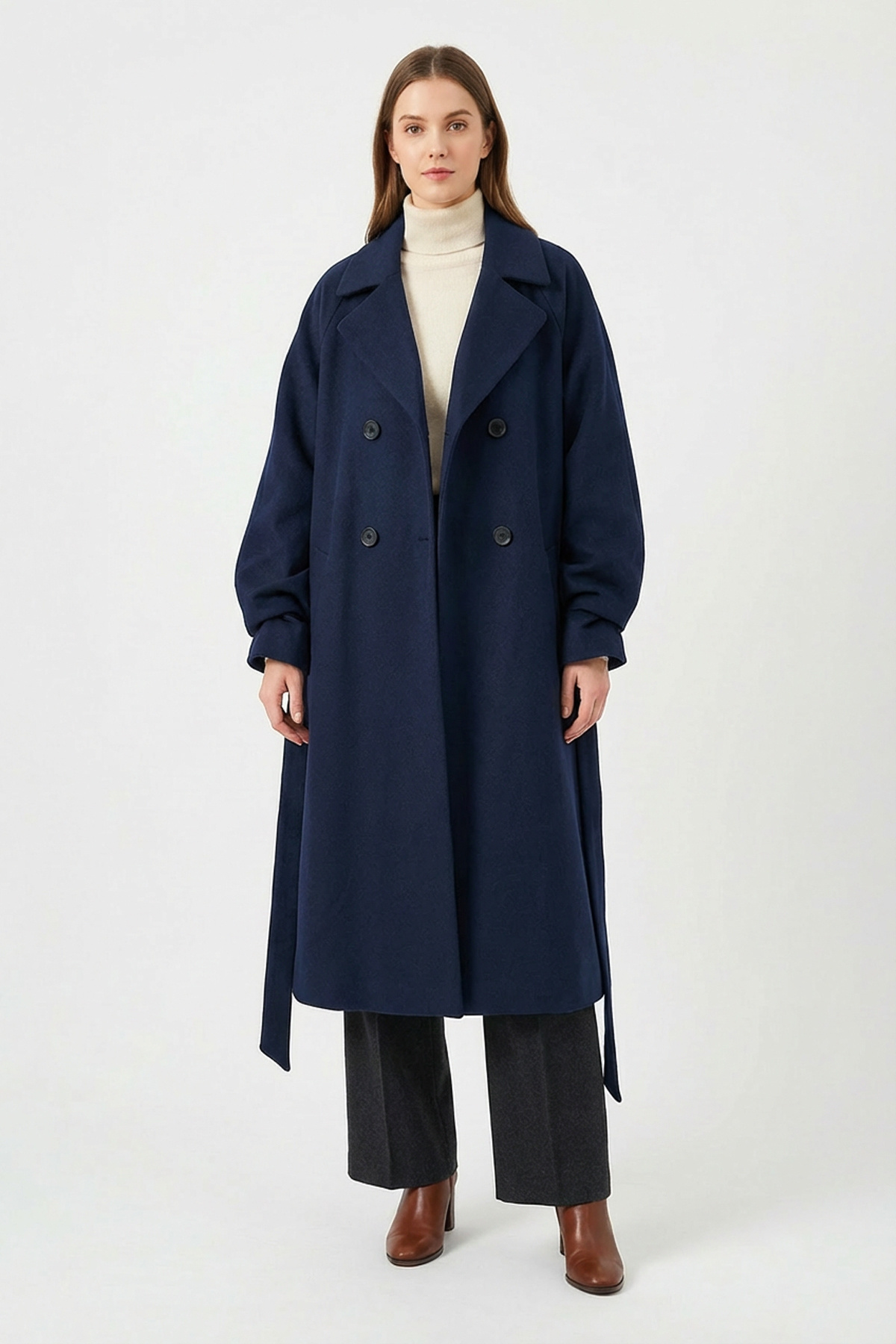 Soydan Güner  Kadın Oversize Kuşaklı Uzun Kaban (Gerçek Bedenden 2 Beden Büyük) Lacivert 2050