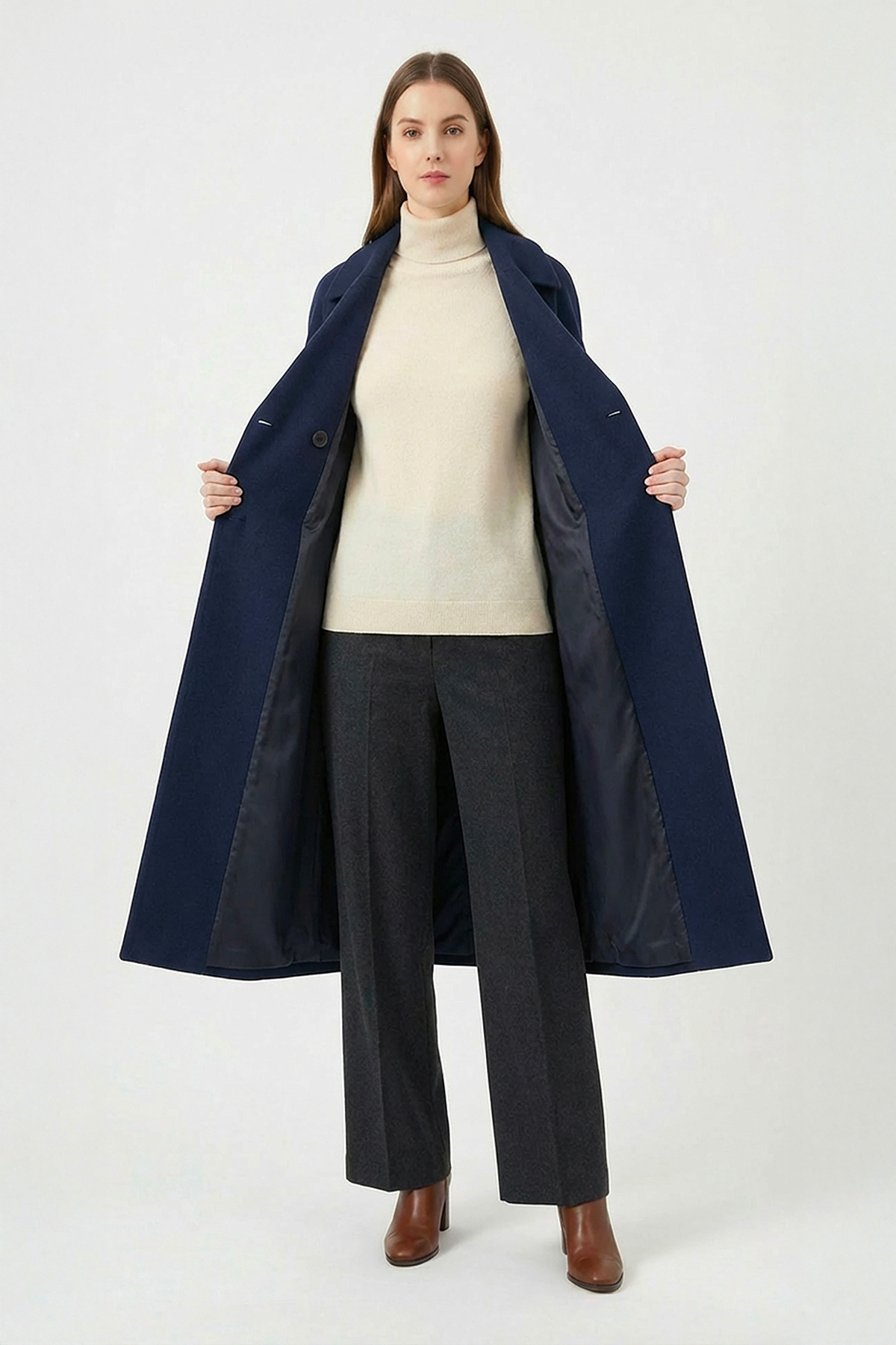 Soydan Güner  Kadın Oversize Kuşaklı Uzun Kaban (Gerçek Bedenden 2 Beden Büyük) Lacivert 2050 - Görsel 4