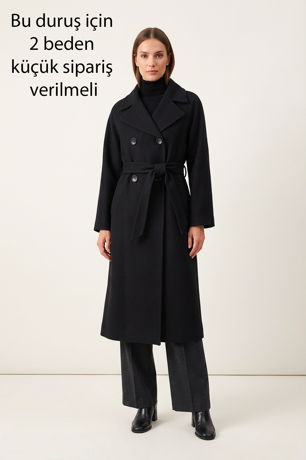 Soydan Güner  Kadın Oversize Kuşaklı Uzun Kaban (Gerçek Bedenden 2 Beden Büyük) Siyah 2050 - Görsel 2