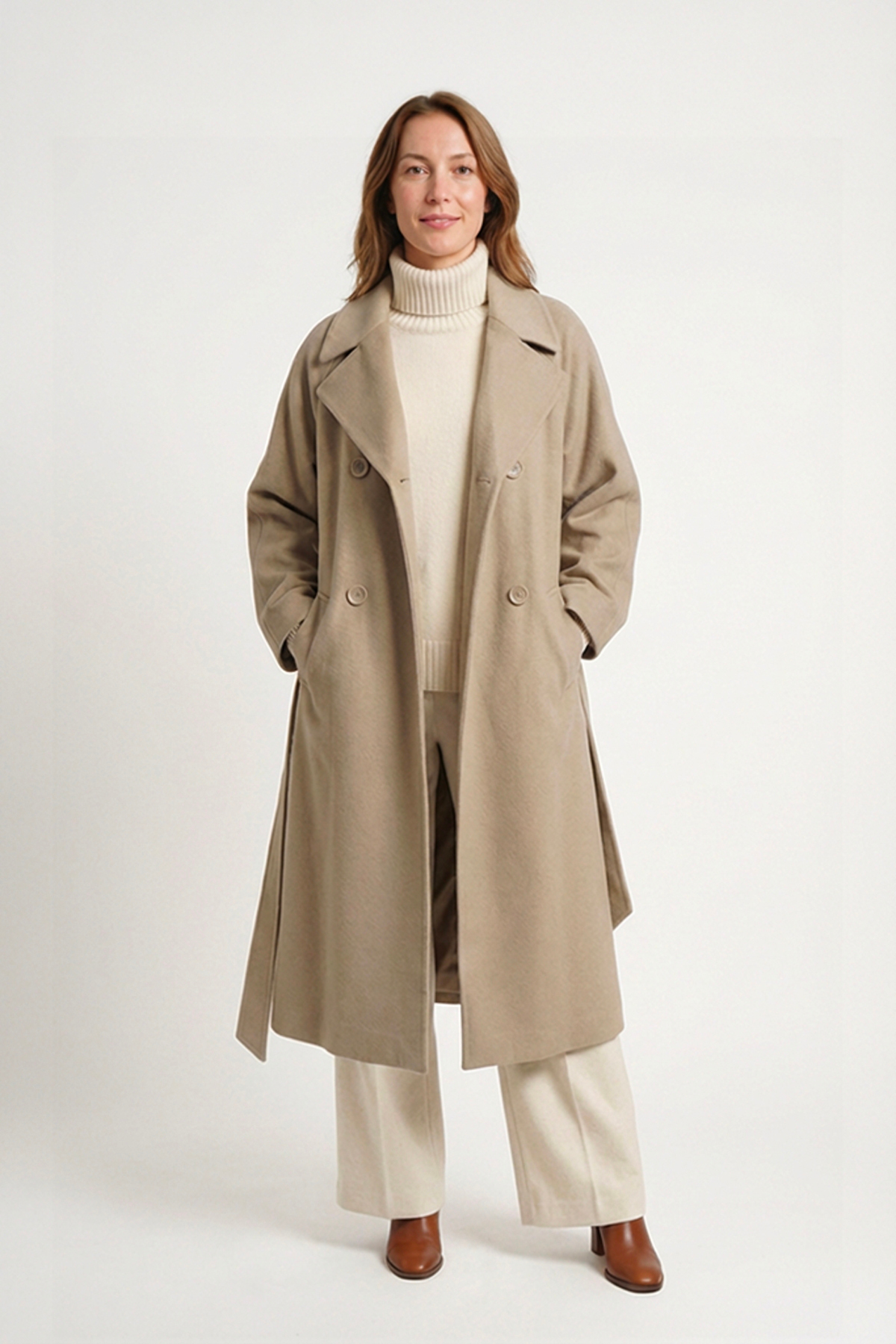 Soydan Güner  Kadın Oversize Kuşaklı Uzun Kaban (Gerçek Bedenden 2 Beden Büyük) Bej 2050 - Görsel 2