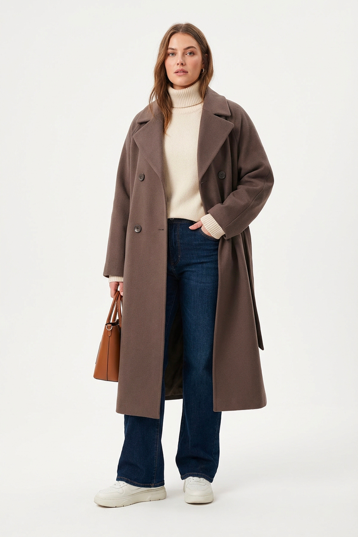 Soydan Güner  Kadın Oversize Kuşaklı Uzun Kaban (Gerçek Bedenden 2 Beden Büyük) Kahve 2050 - Görsel 4