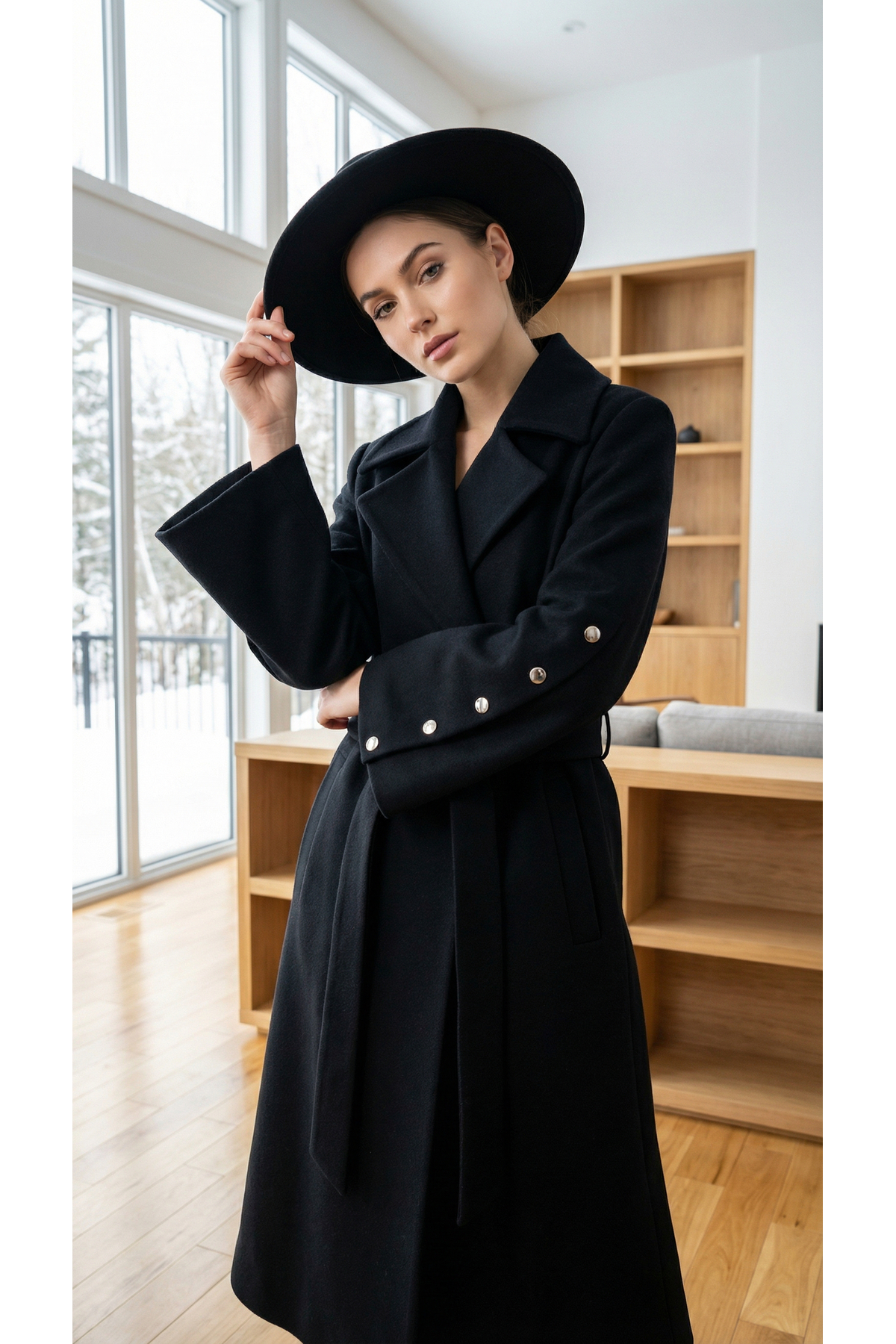 DOGGİ  Kadın Düğme ve İspanyol Kol Detaylı Kuşaklı Uzun Kaşe Palto - Görsel 5