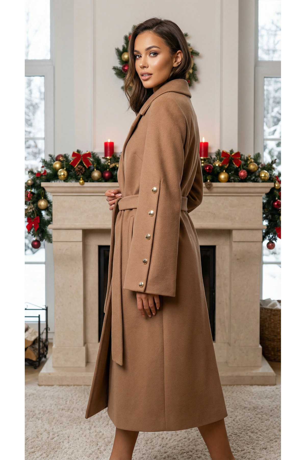 DOGGİ  Kadın Düğme ve İspanyol Kol Detaylı Kuşaklı Uzun Kaşe Palto - Görsel 2