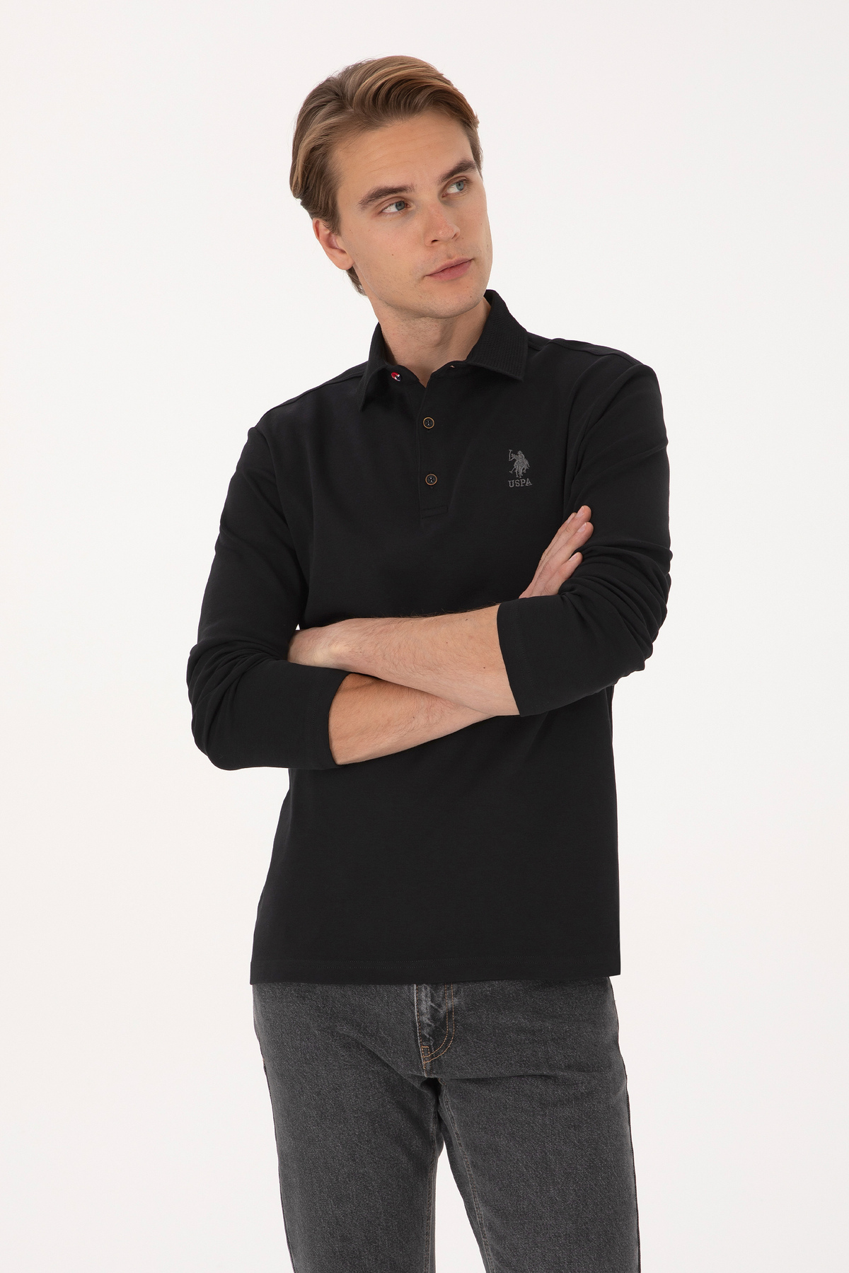 یو اس پولو سویشرت مردانه یقه پولو سایز معمولی مشکی کد ۵۰۳۰۷۶۹۲-VR۰۴۶