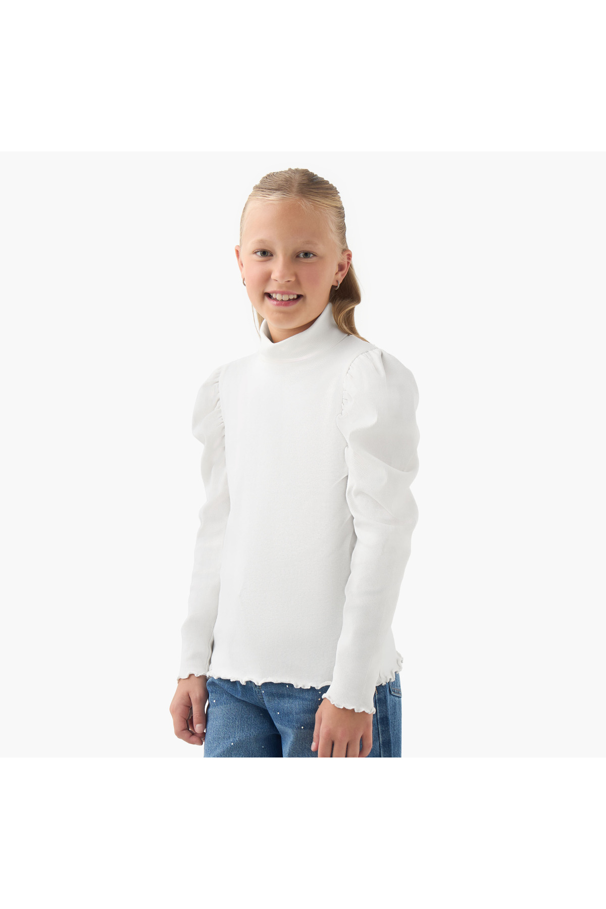 Juniors Ribbed Turtleneck T-shirt with Long Sleeves
