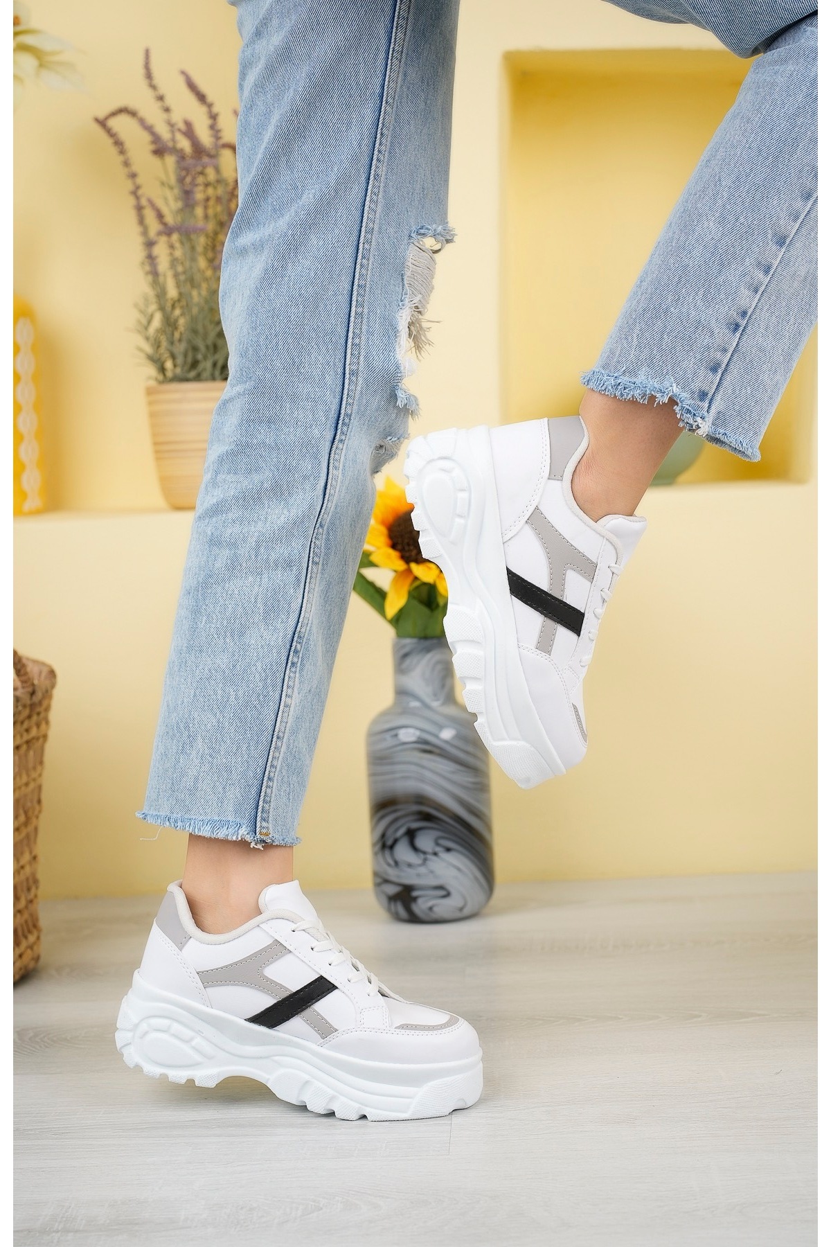 pasyone  Gri Kadın Yüksek Günlük Sneaker Spor Ayakkabı - Görsel 2