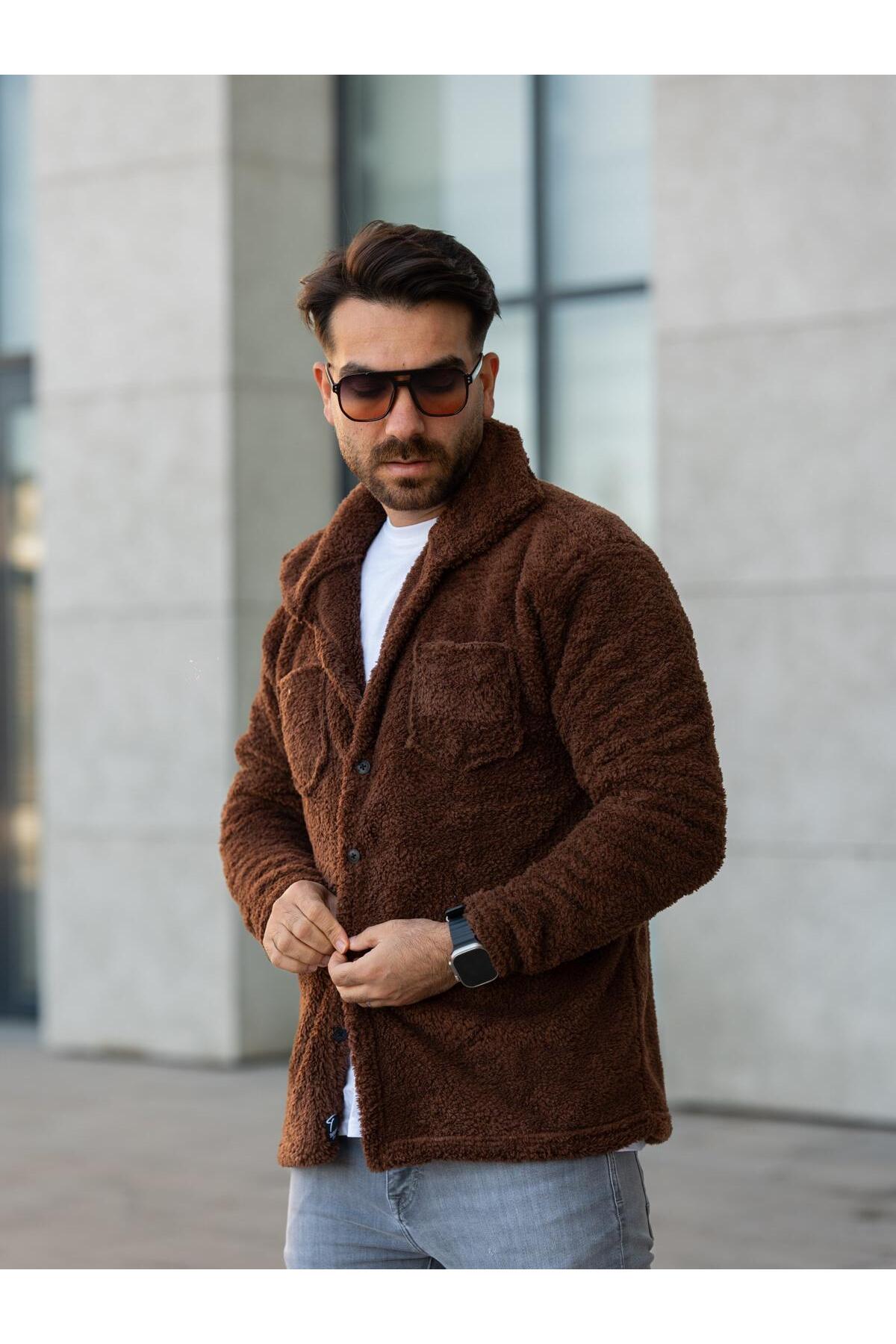 Unisex Kahverengi Peluş Gömlek Yaka Düğmeli Çift Cepli Regular Fit Wersoft Polar Kumaş — قهوه‌ای E6004 — تصویر 6 از 6