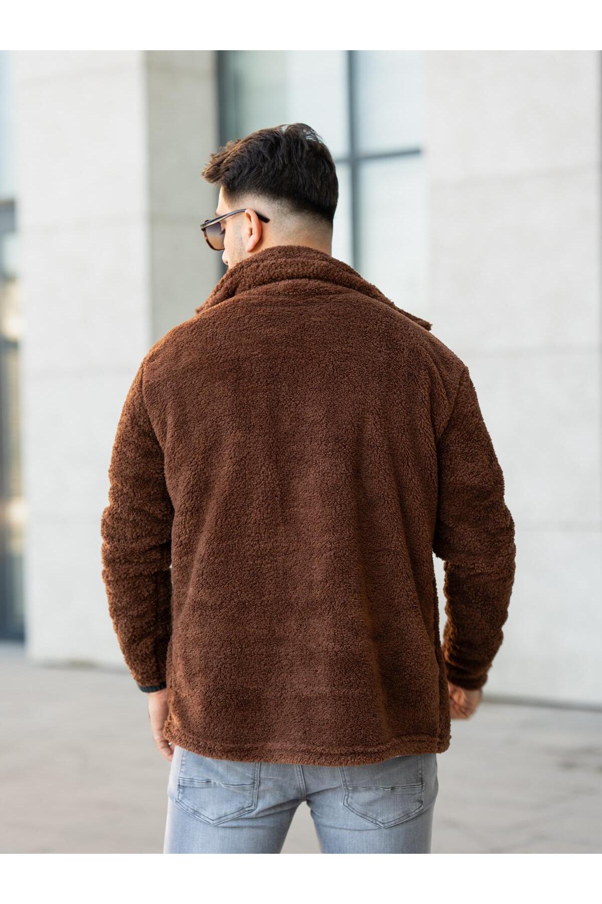 Unisex Kahverengi Peluş Gömlek Yaka Düğmeli Çift Cepli Regular Fit Wersoft Polar Kumaş — قهوه‌ای E6004 — تصویر 4 از 6