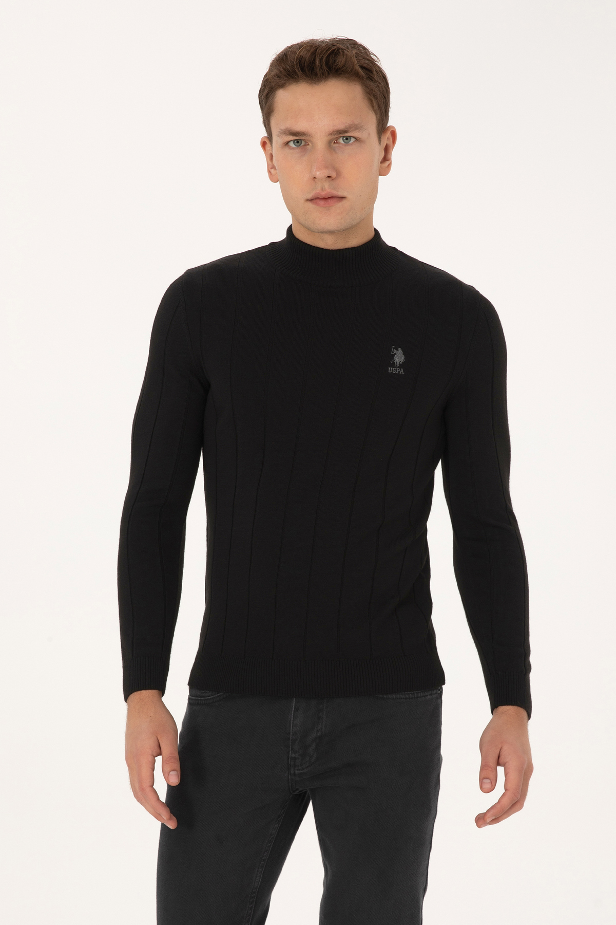 یو اس پولو پلیور مردانه یقه اسکی مشکی اسلیم فیت مدل 50315019-VR046