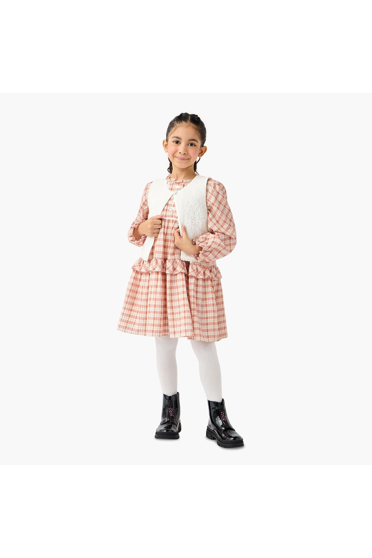 ELIGO Checked A-line Dress with Embroidered Waistcoat and Stockings Set