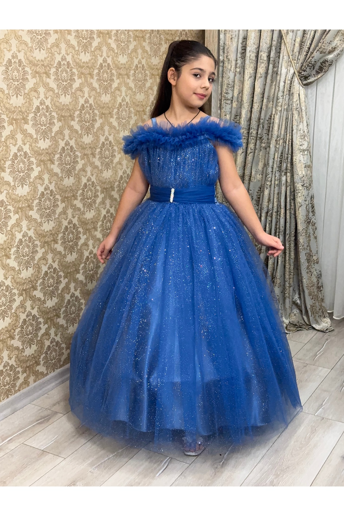 tuha kids design Kız Çocuk Tarlatanlı Pırıltılı Abiye Tüllü Gelinlik Yeni Tarz Çocuk Elbise 5-11 Yaş