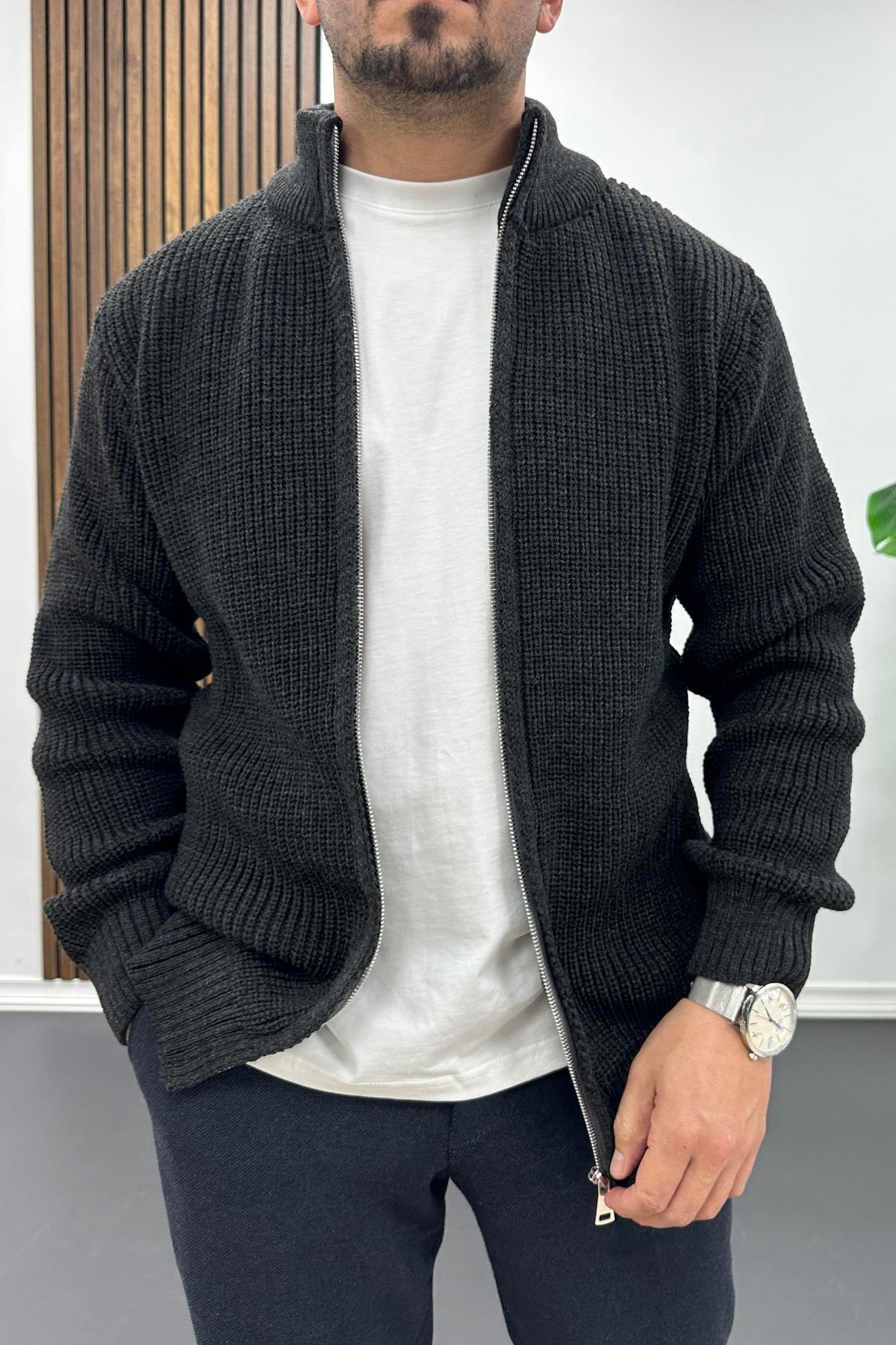 Erkek Slim Fit Fermuarlı Hırka Antrasit Edw434 — خاکستری EDW00TX434