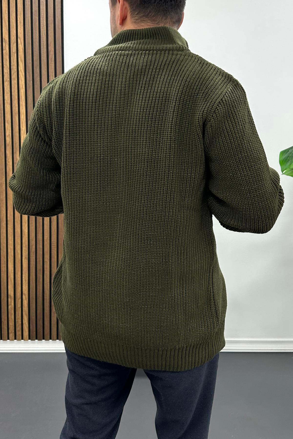 Edwox  Erkek Slim Fit Fermuarlı Hırka Yeşil Edw434 - Görsel 4