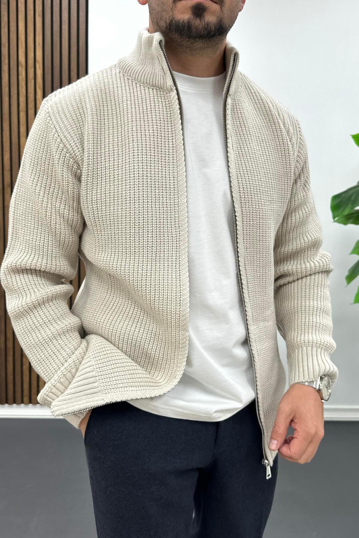 Erkek Slim Fit Fermuarlı Hırka Vizon Edw434 — قهوه‌ای EDW00TX434 — تصویر 3 از 4