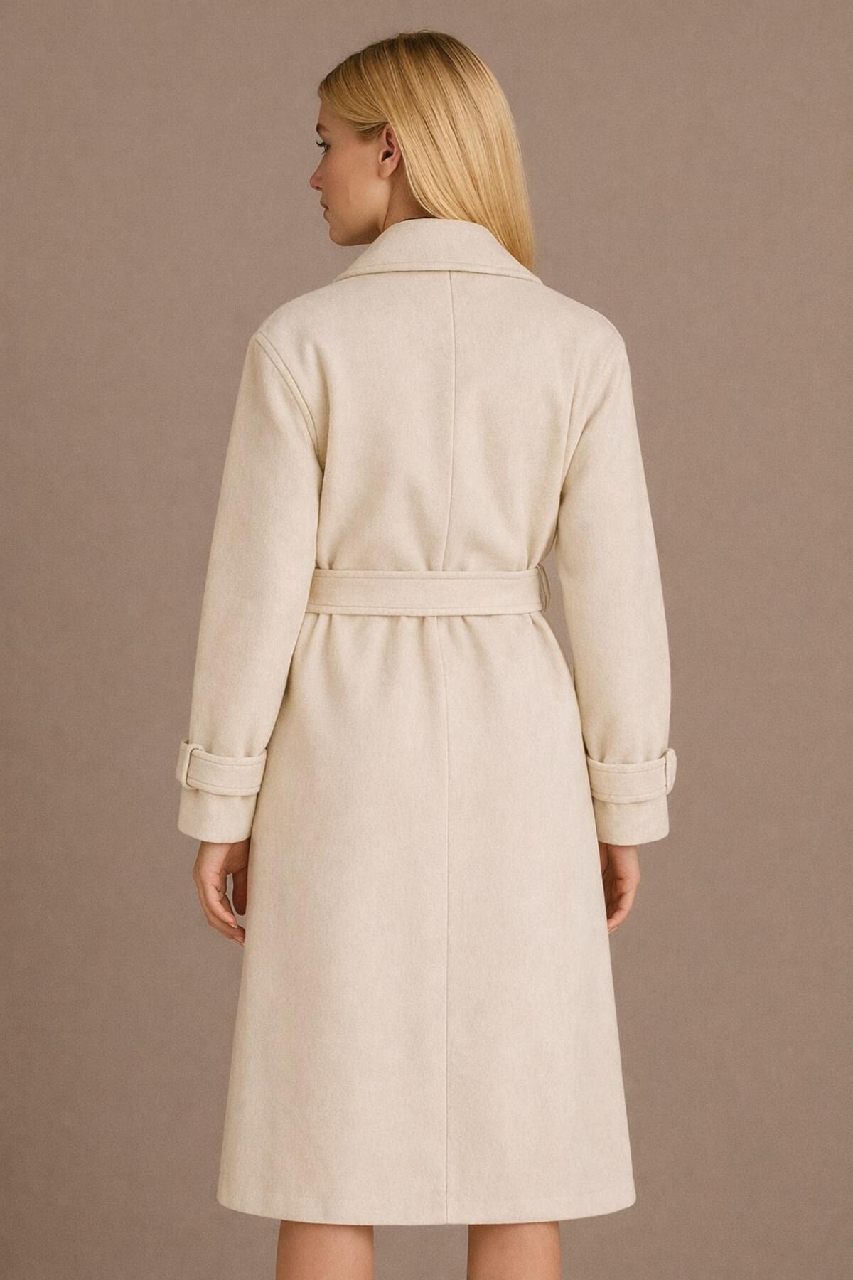 Timburly  Kadın Uzun Astarlı Düğmeli Kol Aksesuarlı Kalın Kaşe Kaban - Görsel 3